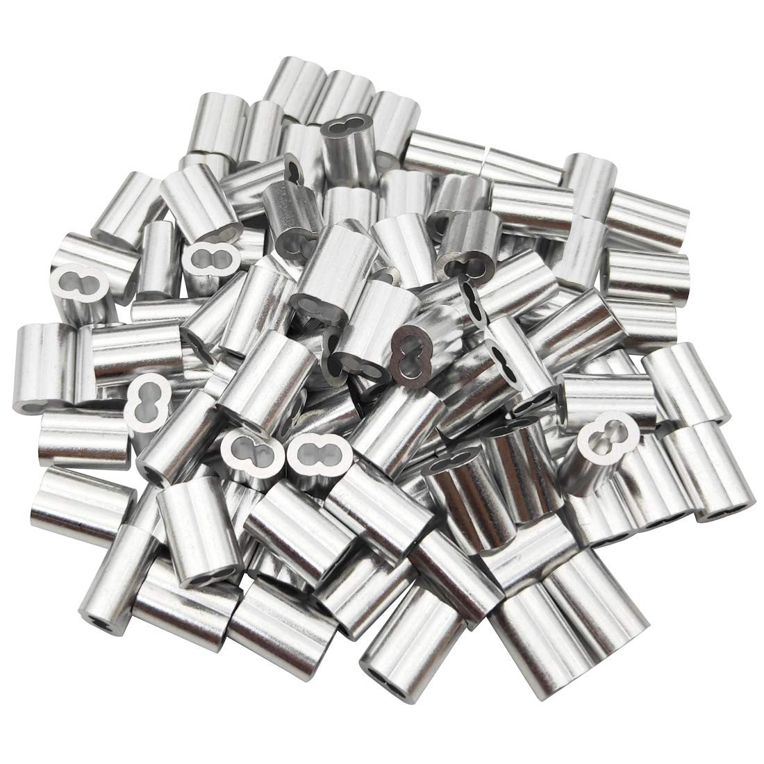 Sipery 100Pcs Aluminum Crimping Loop Sleeves Double Holes Cable Crimp Sleeves for 3mm 1/8 Inch Diameter Wire Rope and Cables