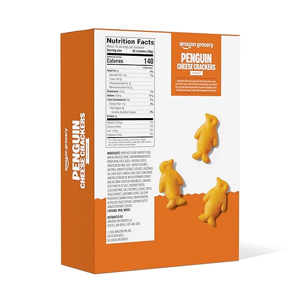 AMAZON GROCERY, PENGUIN CHEESE CRACKERS, MADE WITH CHEDDAR CHEESE, 19 OZ