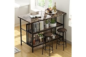 Lamerge Bar Table and Chairs Set,Counter Height Table with Storage Shelf, 3 Piece Dining Set Kitchen Table Set for 2,Marble Dining Table Set with Stools,Bar Table Set for Small Space,Brown