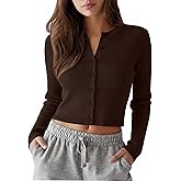 Neer Women's Cropped Cardigan Cotton Ribbed Knit Long Sleeve Top Crew Neck Cardigan Open Front Button Down Shirt