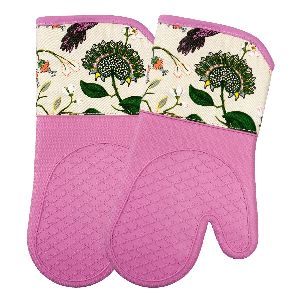 SiXsigma Sports Oven Gloves Heat Resistant Silicone Shell Waterproof - Quick Dry Oven Mitts for BBQ, Cooking, Baking And Grilling Set of 2 (Humming Birds, 33X17 CM)
