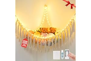 KRISLAIT Stuffed Animal Hammock with 75LEDs, Extra Large 55in Toy Storage Macrame Hammock, Hanging Toy Net for Kids Bedroom Doll Room Corner Organizer, USB Plush Toy Hammock with Remote(XL)