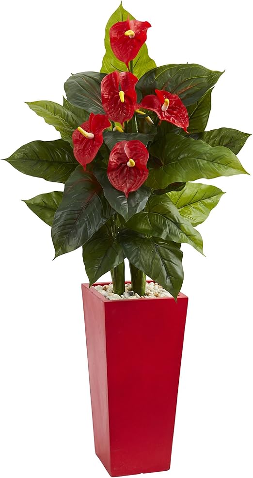 Amazon ほぼ天然のアンスリウム人工植物 赤いタワーの花瓶入り 53インチ 造花 オンライン通販