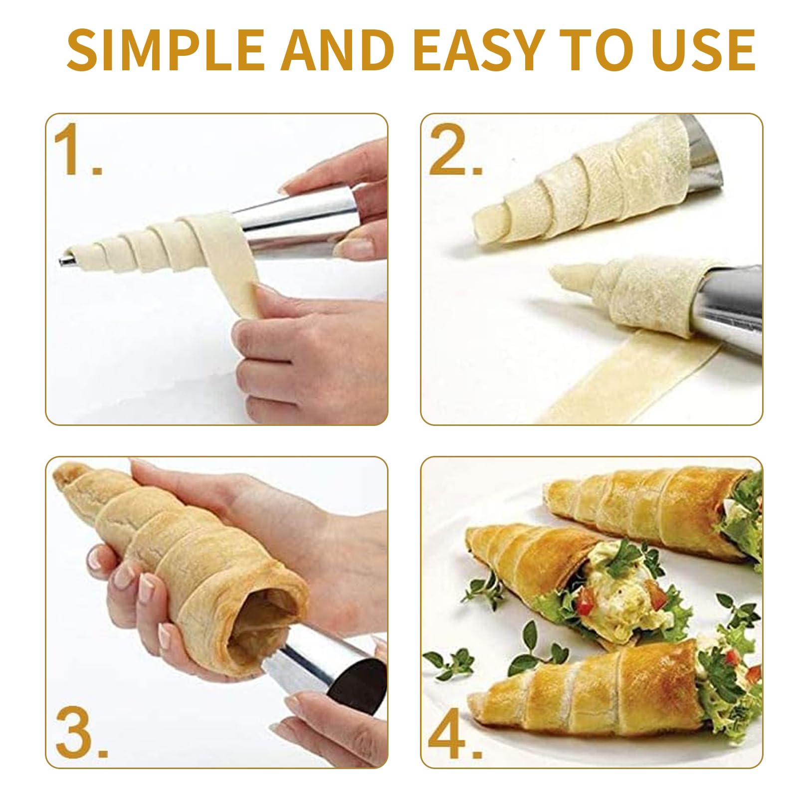 20Pcs Large Conical Cream Horn Molds, Non-stick Cream Horn Molds Stainless Steel, 5 inch Large Size Cannoli Tubes Kit Pack of Baking Cones Pastry Roll Horn Croissant Mold With brush