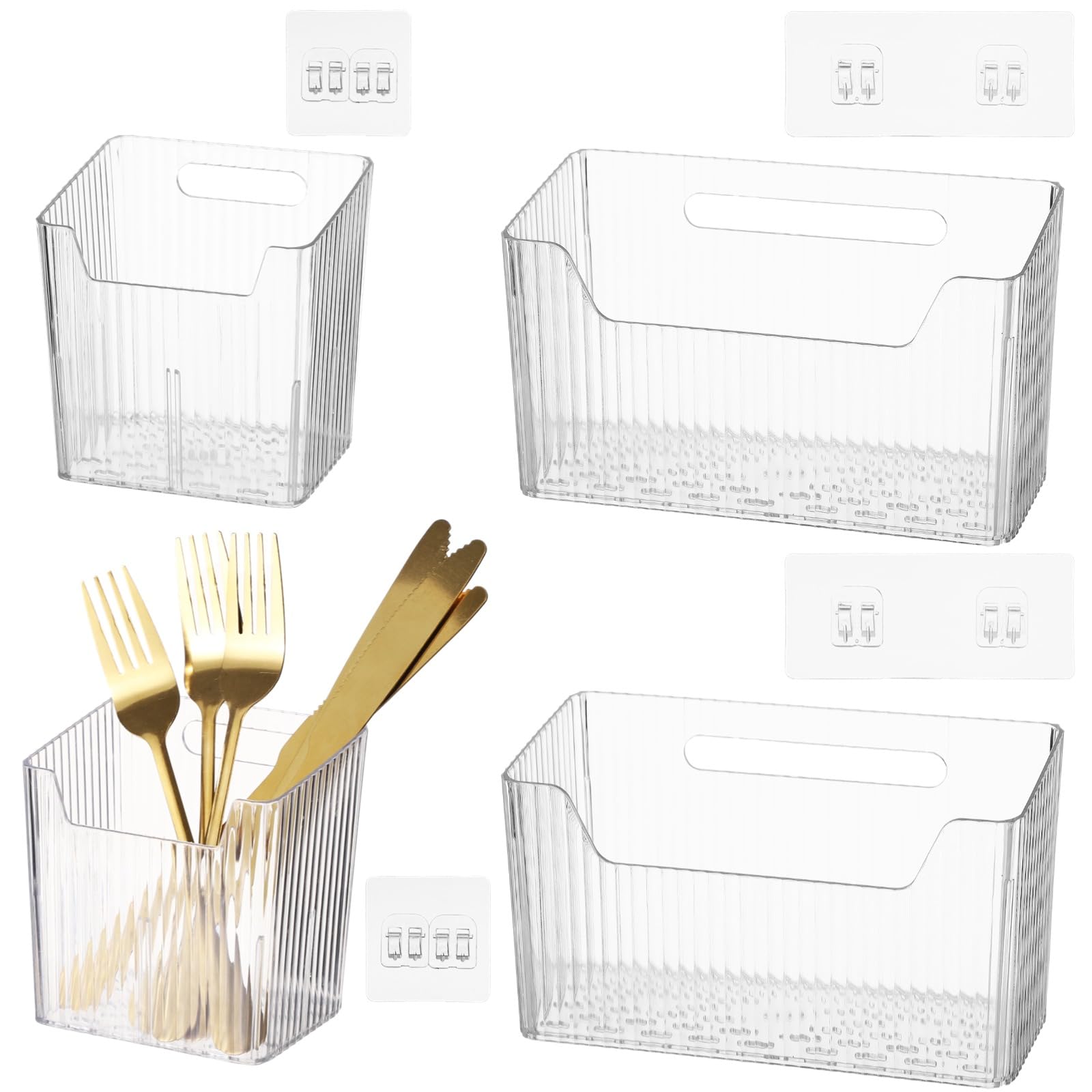 Photo 1 of yeesport 4 PCS Cabinet Door Organizer Bins, Clear Plastic Wall Mount Hanging Storage Baskets with Adhesive Hooks, Bathroom Fridge Kitchen Pantry Under Sink Drawer Organizer with Drain Holes