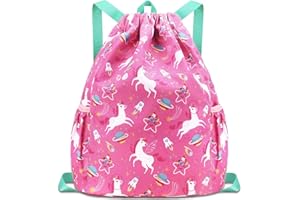 Luchike Drawstring Backpack for Kids - Girls Dance Bag,Sport Gym Beach Swim Travel Daypack With Two Water Bottle Holder