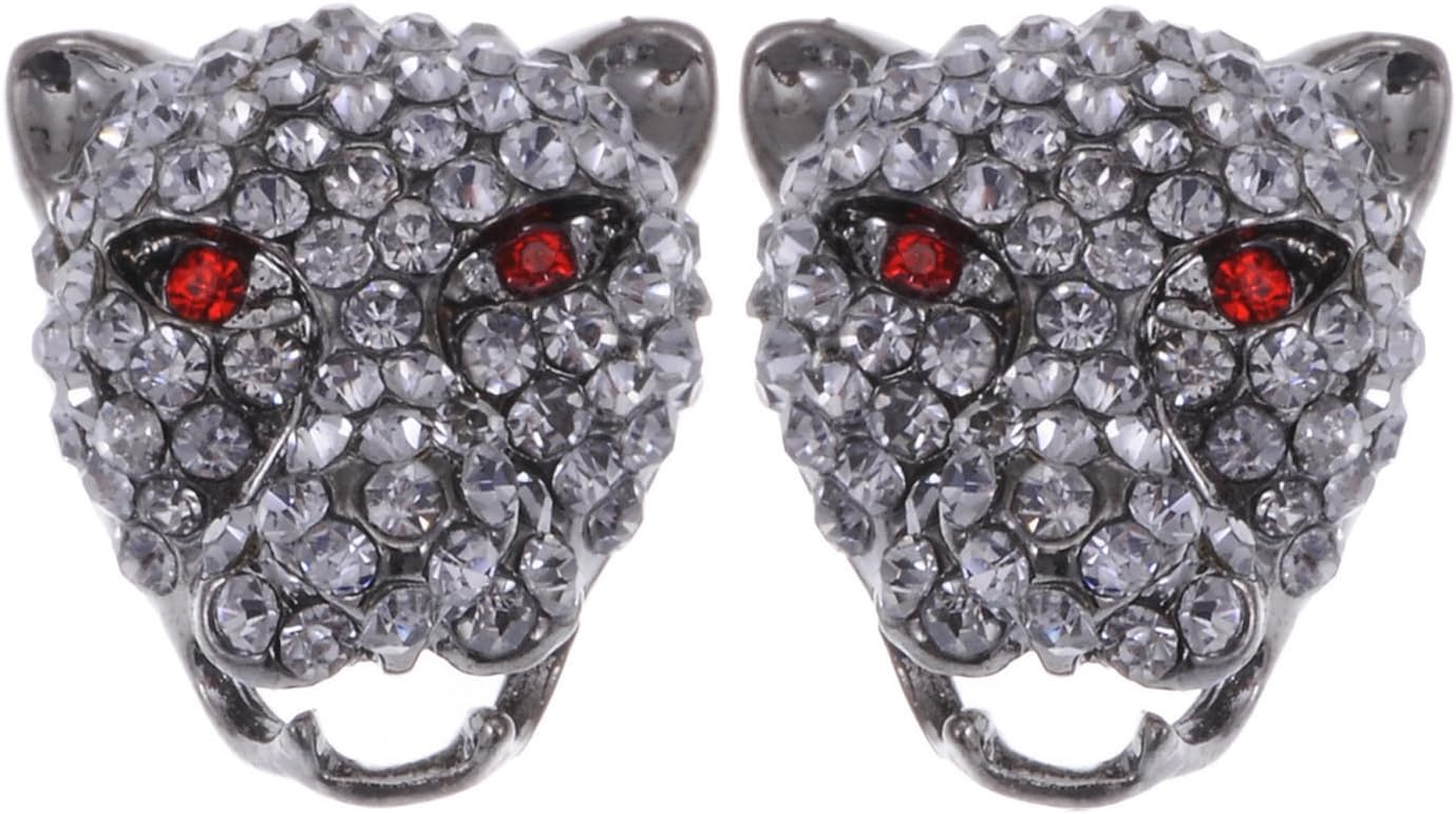 Alilang African Silver Metal Growling Aggressive Jaguar Cat Crystal Red Eyes Rhinestone Earrings
