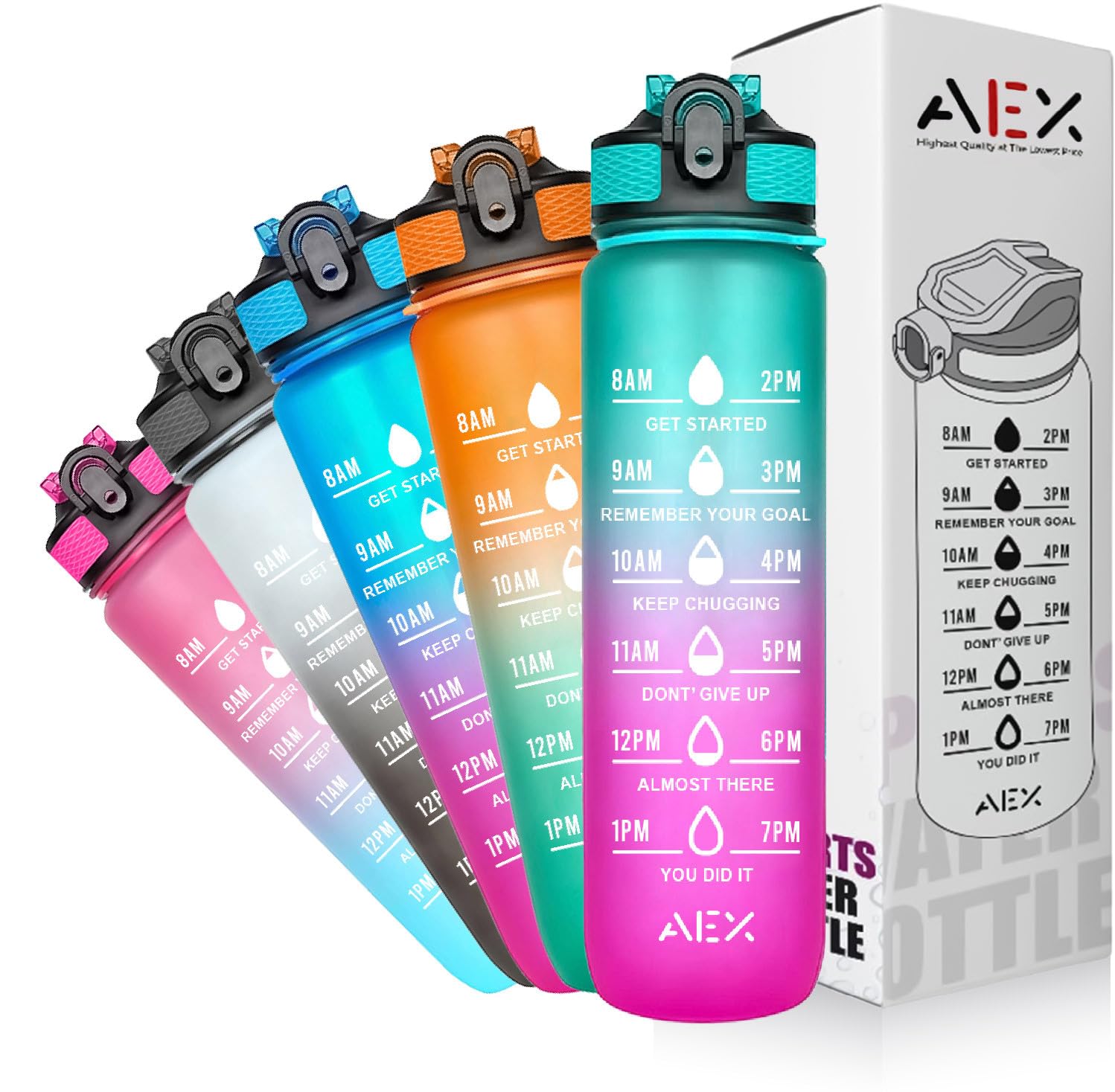 AEX Sports Water Bottle with Straw – 1 Litre Leakproof Plastic Water Bottle for Fitness and On-the-Go - Motivational Time Marker Leak-Proof Tritan BPA-Free (Green-Pink)