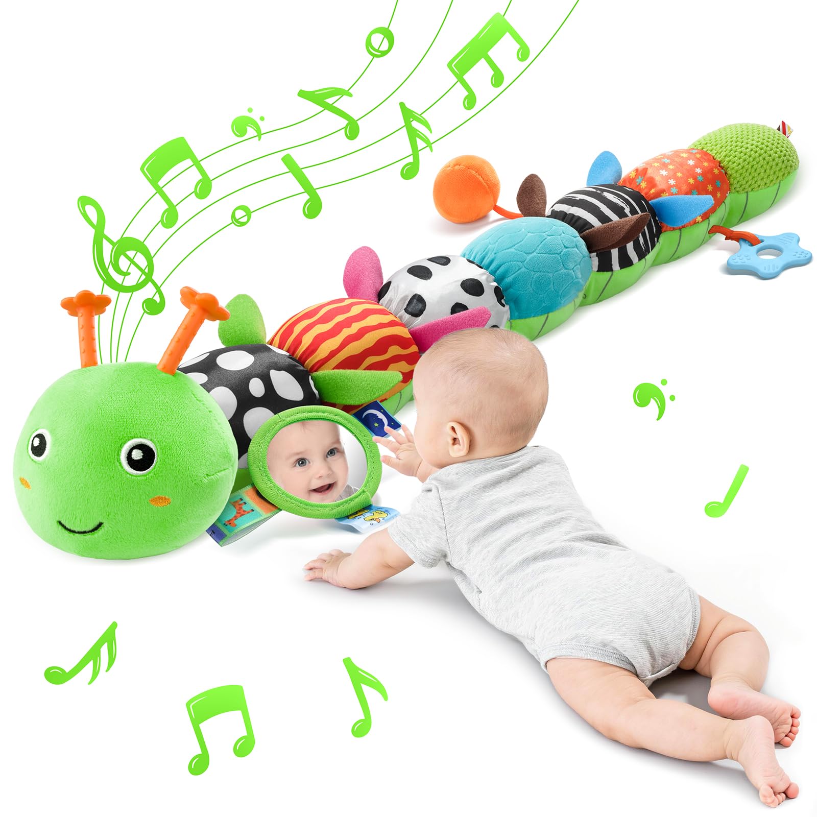 Baby Toys Sensory Musical Animal Stuffed Toy for Infant 0-3-6-12 Months Tummy Time Newborn, Plush Caterpillar with Mirror,Crinkle,Rattle Teething Toys for Baby Boys Girls Easter Gifts, Green