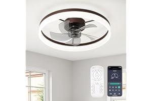 FTZVRD Ceiling Fans with Lights, 20" Coffee Brown Flush Mount Ceiling Fan with Remote, 6-Speed Low Profile Smart Fan for Bedroom, Kitchen, Kids Room, Small Room