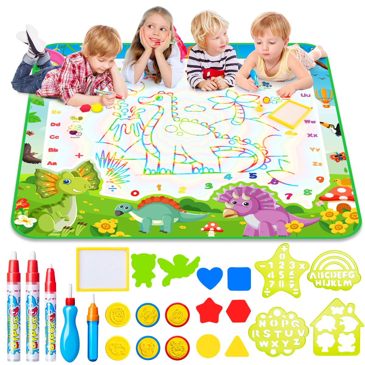 LOYO Water Doodle Mat, 105X100CM Mess Free Colouring Water Mat with 5 Water Pens, 6 Animal Stamps, Dinosaur Educational Toys for 3 4 5 6 7 8 Year Old Boys Birthday Gifts