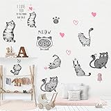 Cartoon Cats Wall Decals - MAIYU 9 Cute Kittens with Butterfly Heart Paw Print Wall Stickers for Kids Bedroom Living Room Nur