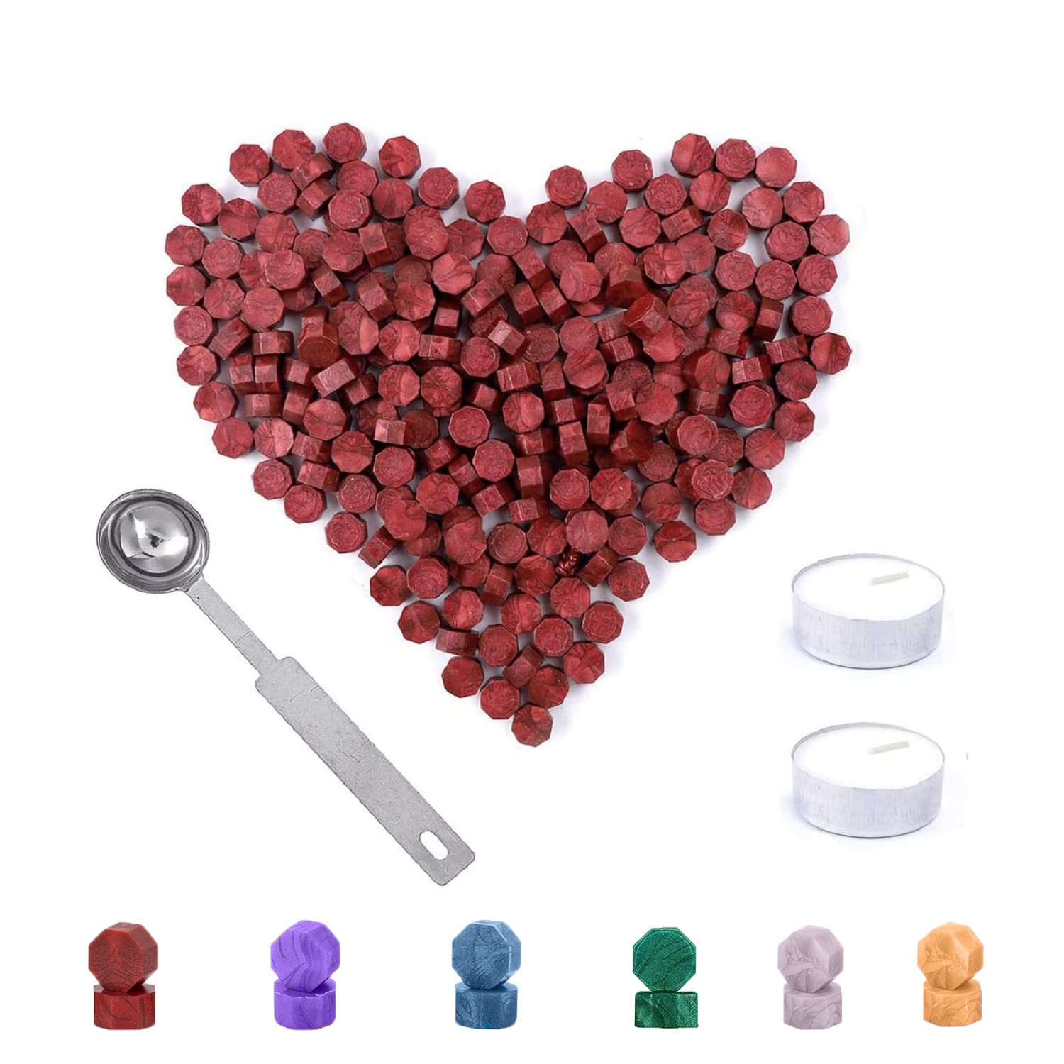 Sealing Wax Kit, 200 Pieces Sealing Wax Beads, Octagonal Sealing Wax Red with 2 Candles and 1 Melting Spoon for Stamp Sealing, Gift Packaging, Wedding Invitations, Personal Envelope