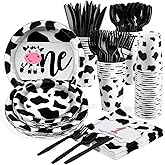 168 Pcs Farm Animal Cow Print Birthday Party Supplies Tableware Set 1st Birthday Baby Shower Party Plates, Knife,Forks,Spoons, Cups and Napkins Table Decorations for Girls, 24 Guests
