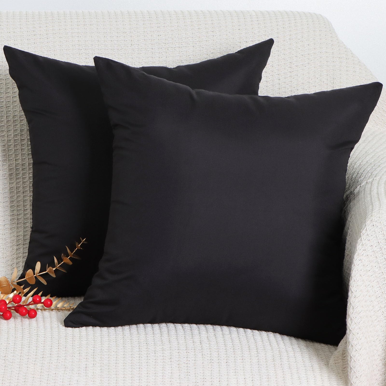 Betadistor Set of 2 Black Cushion Covers 45x45 cm Decorative Square Throw Pillow Covers 18x18 Inch Sofa Car Pillowcase for Home Bed Living Room Couch Decor, Black, 511-0205