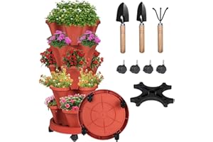 SUNFUNUSA Vertical Strawberry Planter-5 Tier Tower Stackable Herb Planter Stacking Garden Planters Pot Outdoor with Tools Removable Wheels for Growing Flowers, Vegetables and Succulents