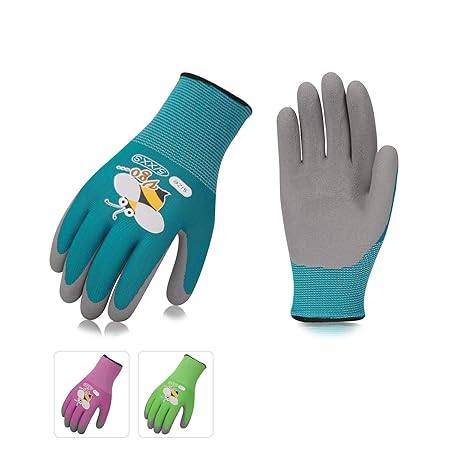 Vgo. Foam Rubber Coated Gardening and Work Gloves for Kids(3 Pairs, 3 Colors, Size for Age 3-5, 6-8)
