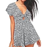 AGQT Women’s Sexy V Neck Self Tie Front Romper 2026 Summer Boho Short Jumpsuit Playsuit Outfit Mini Dress