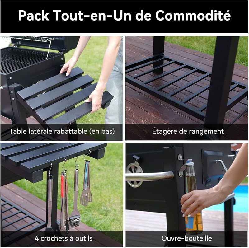 Barbecue Charbon de Bois, Gril avec Couvercle, Surface de Cuisson: 56×42,5 cm, Bac à Charbon Réglable en Hauteur, Table Latérale Pliante, Housse Barbecue Incluses