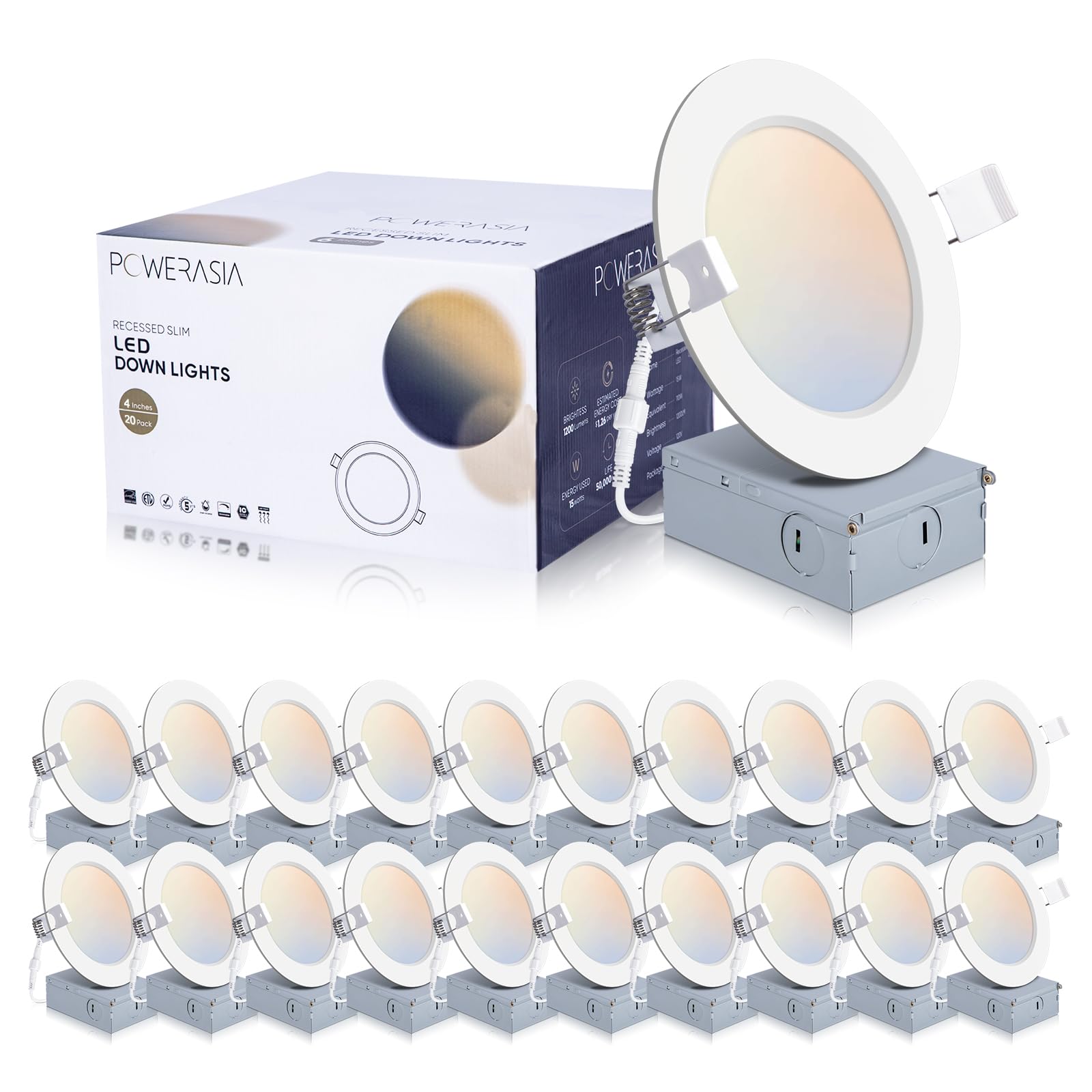Photo 1 of POWERASIA 20 Pack 4 Inch LED Recessed Lighting with Junction Box, 5CCT 2700K/3000K/4000K/5000K/6000K Selectable, 9W 850lm Ultra-Thin Recessed Downlight-ETL and Energy Star Certified