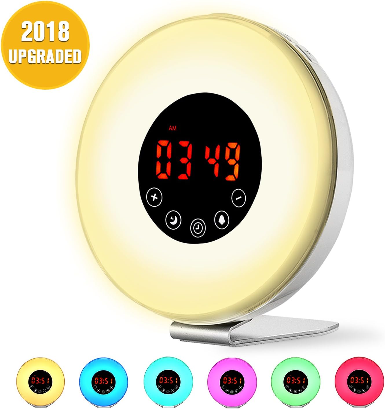 Wake Up Light Alarm Clock by Smarlance,Digital Sunrise Simulation Alarm Clock -【2018 Upgraded】-with 6 Alarm Sounds,FM Radio,7 Color Lights,Sunrise&Sunset Simulation and USB Charger