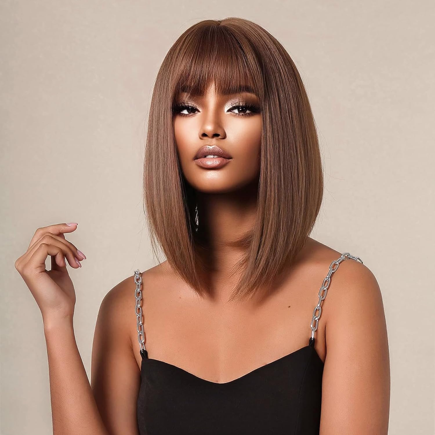 PORSMEER Medium Long Hair Wigs for Women Ladies Reddish Brown Bob Wigs with Fringe Natural Straight Synthetic Hair Wig 16 Inches,Everyday or Halloween Fancy dress Wig — image 1