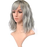 VCKOVCKO Ombre Color Natural Wavy Wig With Air Bangs Black to Gray Colorful Short Bob Wigs for Women's Shoulder Length Wigs Curly Wavy Cosplay Wig Bob Wig for Girls(12",Black-Gray)