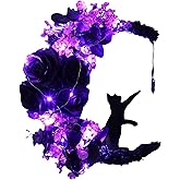 Halloween Wreaths with Light for Front Door - Gothic Cat Moon Lighted Wreaths with Greenery Wildflower for Porch Wall Farmhouse Indoor Outdoor Decor 11.8 * 11 Inch (Purple (16 inch))