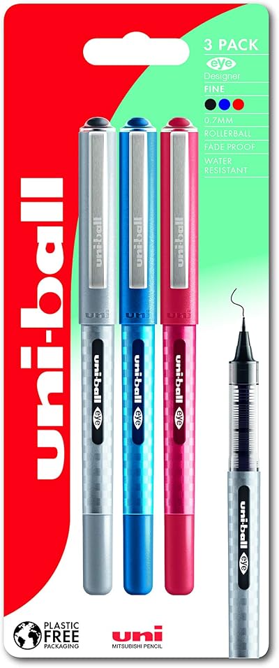uni-ball UB-157D Eye Designer Rollerball Pens 0.7mm 3 Pack Black Blue Red