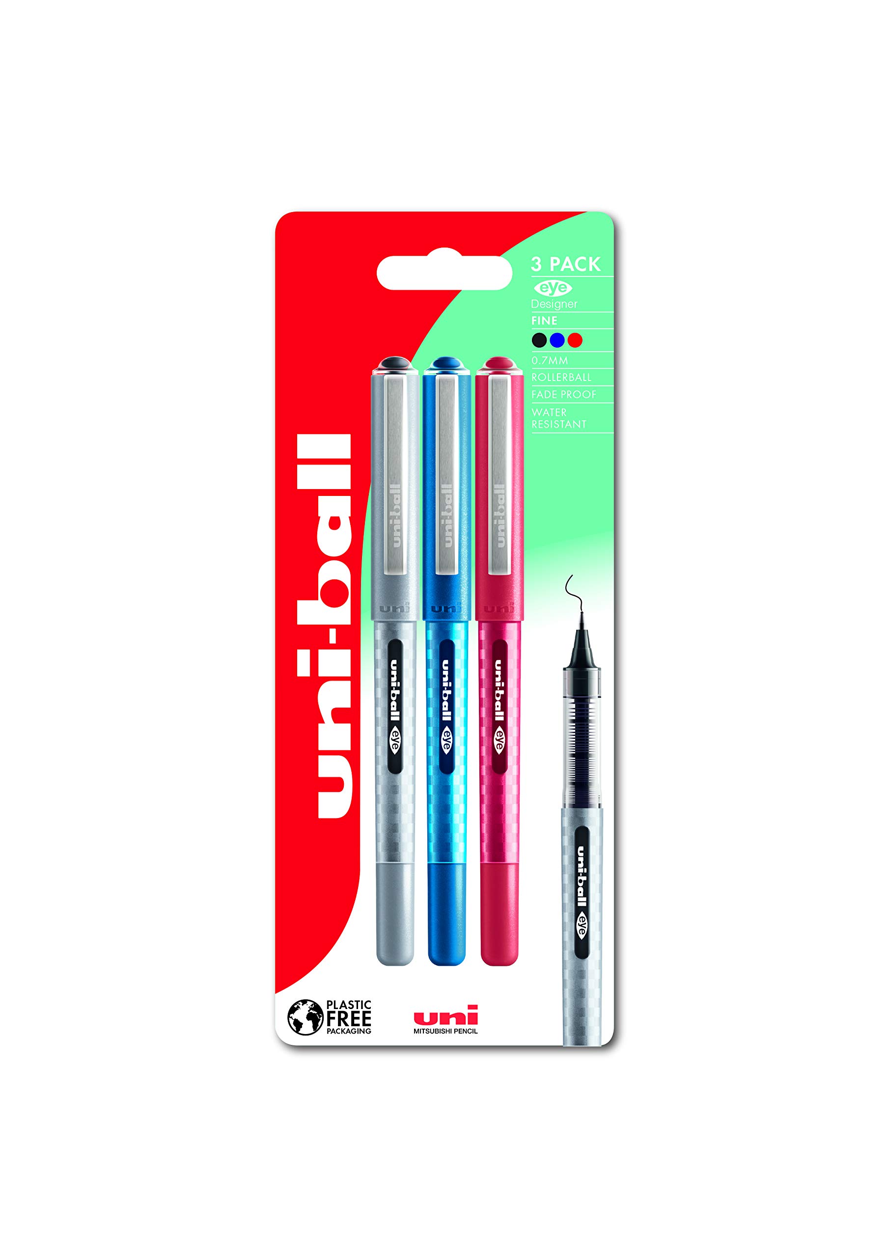 uni-ball UB-157D Eye Designer Rollerball Pens. Premium Medium 0.7mm Ballpoint Tip for Super Smooth Handwriting, Art and Drawing. Fade and Water Resistant Liquid Uni Super Ink. 3 Pack Black, Blue & Red