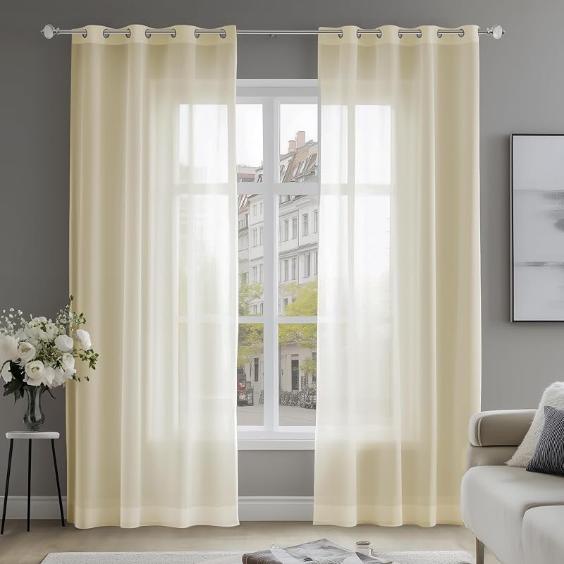 Deconovo Eyelet Semi Transparent Voile Curtains Beige 55x96 2 Panels