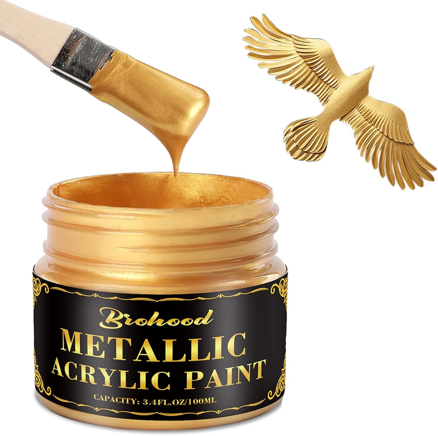 Photo 1 of ***USED*** Brohood Gold Leaf Paint, 100ml Water-Based Metallic Acrylic Paint, Golden Acrylic Paints with 2 Brushes, Fade-Resistant Gold Metallic Paints for Metal, Wood, Canvas, Crafting & Art Projects