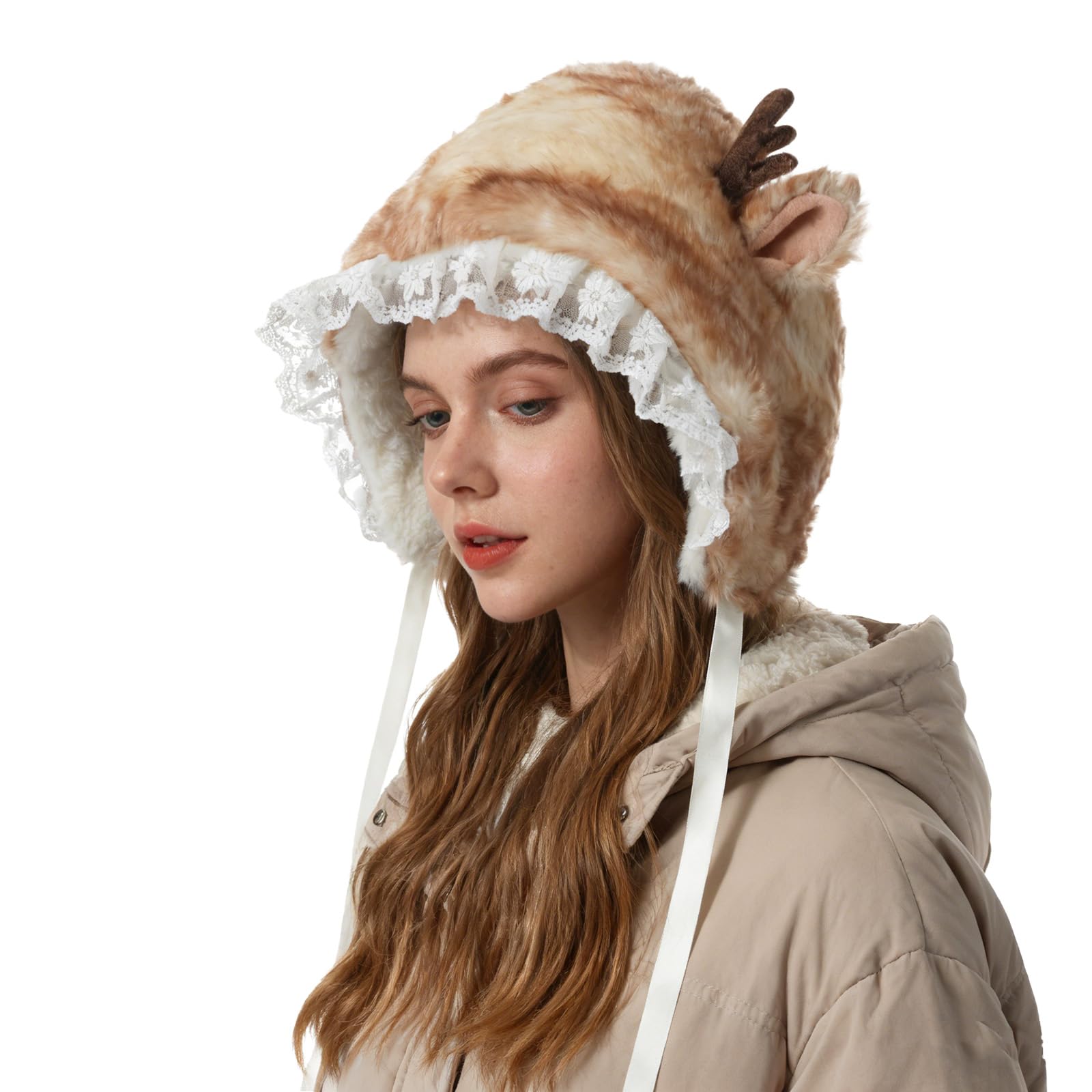 Faxianther Women Fuzzy Faux Fur Full Hood Cap with Reindeer Antler and Ear, Funny Moose Elk Costume Headwear Brown