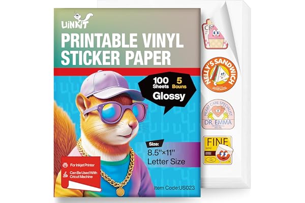 Uinkit 105 Sheets Premium Printable Vinyl Sticker Paper for Inkjet Printer Cricut,included 100Sheets Glossy and 5Sheets Clear