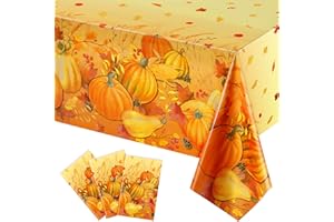 BRELING 3-Piece Autumn Tablecloth Set - Plastic Pumpkin Harvest Table Cover for Thanksgiving Party Decorations, 54 x 108 Inch