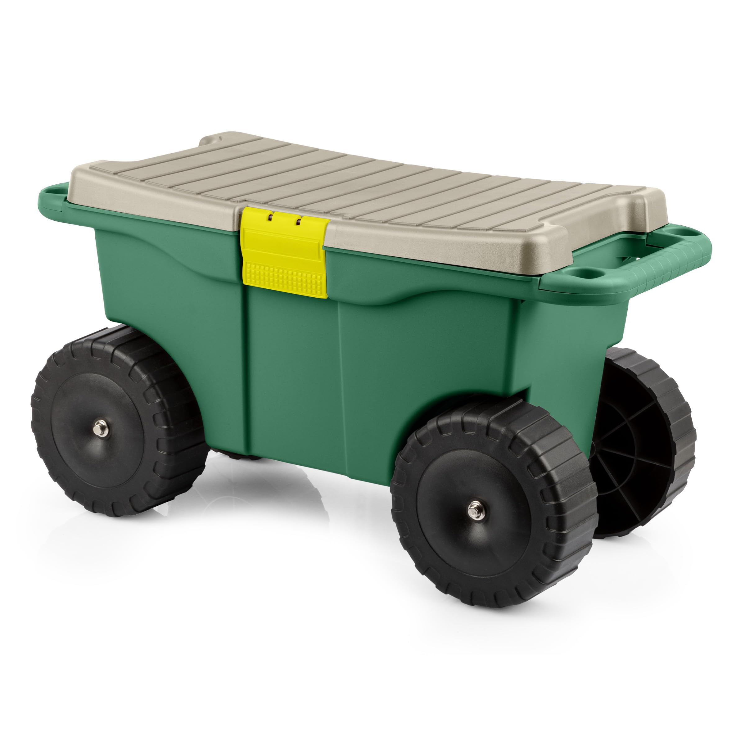 Photo 1 of Rolling Garden Cart with Seat - Plastic Storage with Bench and Interior Tool Tray - Gardening Stool for Weeding and Planting By Pure Garden (Green)