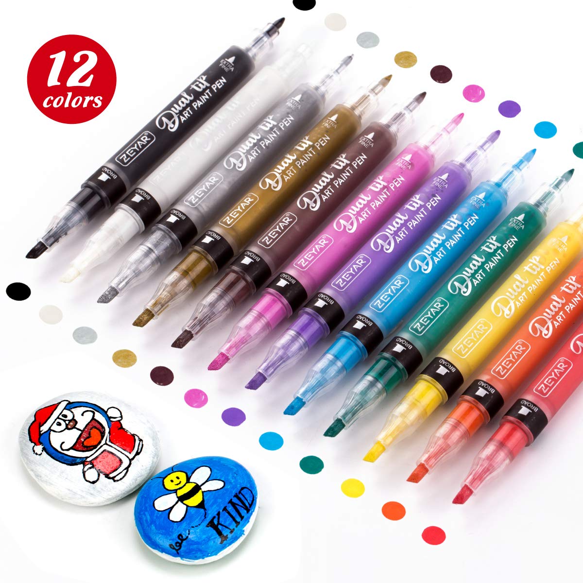 ZEYAR Acrylic Paint Pen, Dual Tip: Board and Extra Fine, 12 Colors, AP Certified, Waterproof Ink, Works on Rock, Wood, Glass, Metal, Ceramic and More (12 Classic Colors)