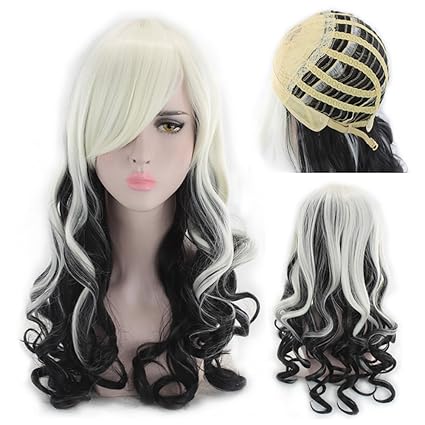 Wig Medium Long Division Black White Gradient Long Curly