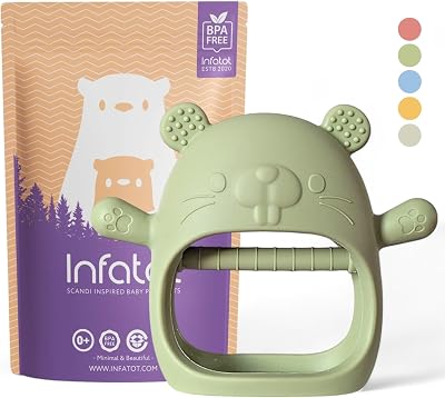 Infatot Chipmunk Teething Mitten Baby Toy Silicone Glove 0-6 Months Olive