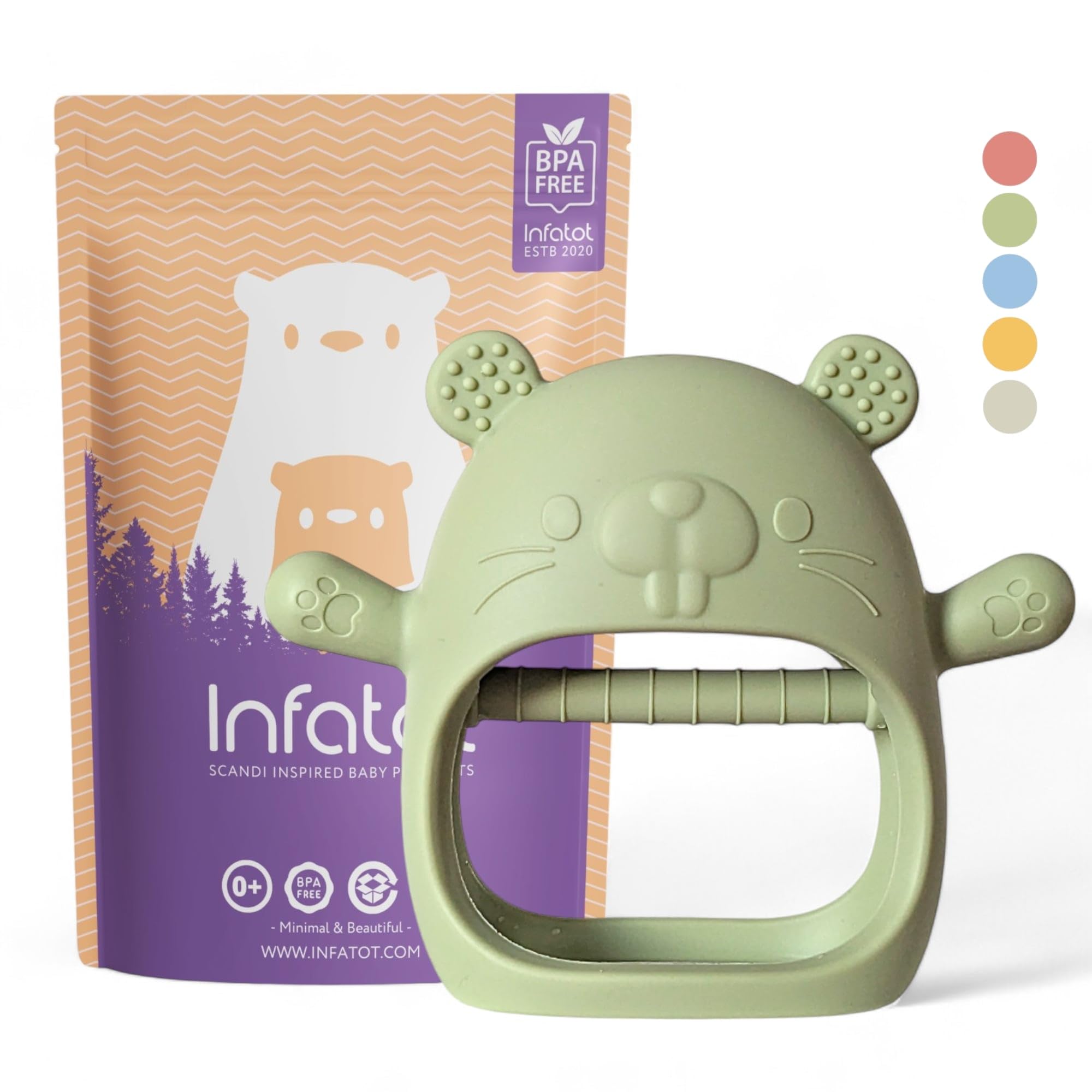Infatot® Teething Toys for Baby Gifts – Chipmunk Silicone Mitten Teether, Soothing Glove for Infants, Baby Toys 0-6 Months, Soft Chewable Teether Toy to Prevent Finger Sucking, CM Olive. — image 1