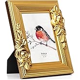 ibalux 4x6 Gold Picture Frame, Solid Wood with Real Glass, Vintage Ornate Baroque Flower Trim, Vertical and Horizontal for Tabletop or Wall Hanging Photo Frame