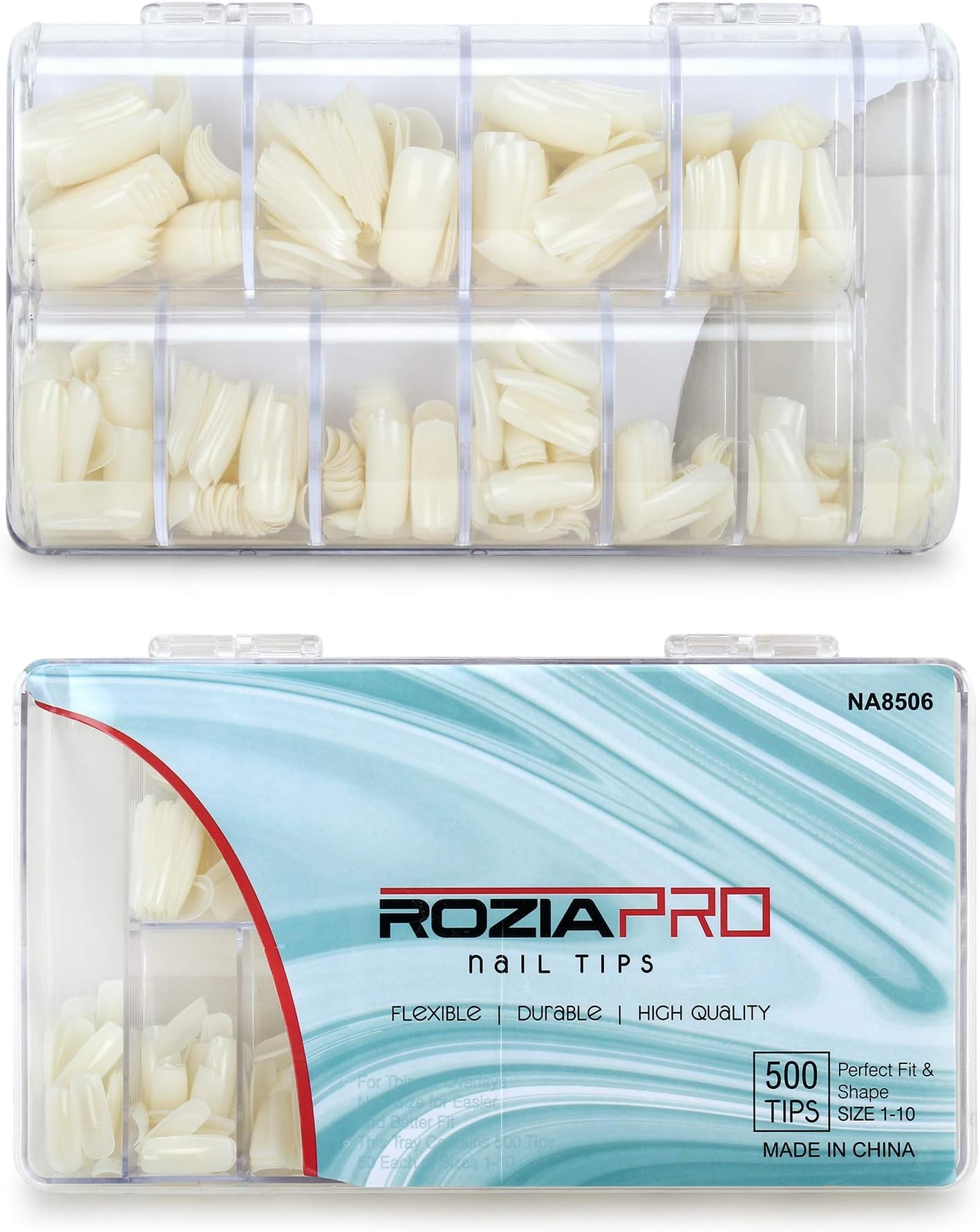 Rozia nail tips for extension,500pcs Acrylic False Nails Long Square Fake Nail Tips Box, 10 Sizes Artificial Nails for Salons and DIY Nail Art (Natural)