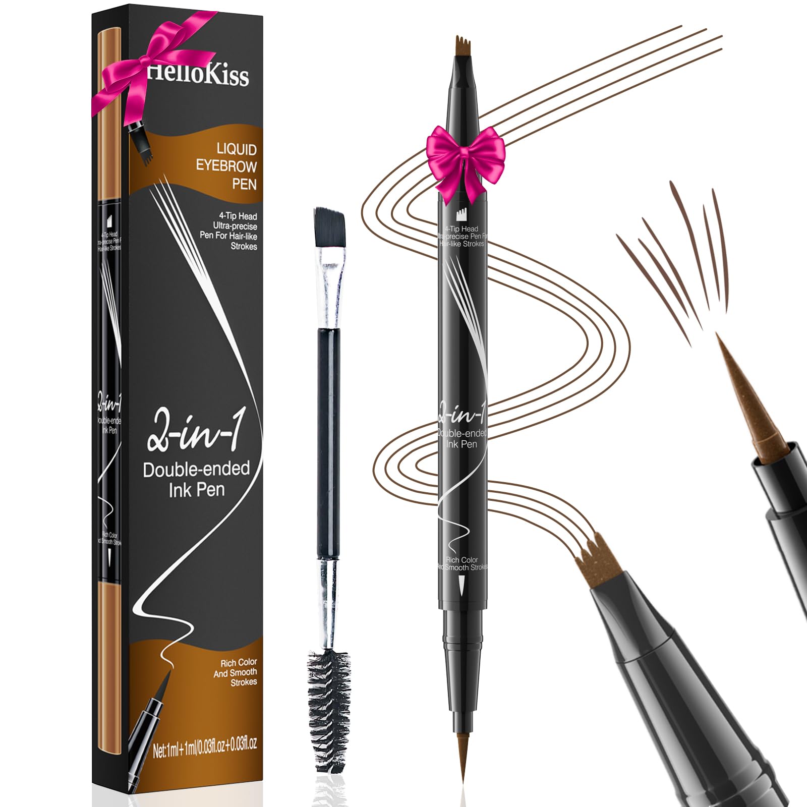Microblading Eyebrow Pen, 3D Waterproof Eyebrow Pencil, Magical 2-in-1 Dual-Ended Eye Brow Pencils with 4 Micro-Fork Tips, Smudgeproof Liquid Eyebrow Pen for Natural Looking Brows Makeup (Light Brown)