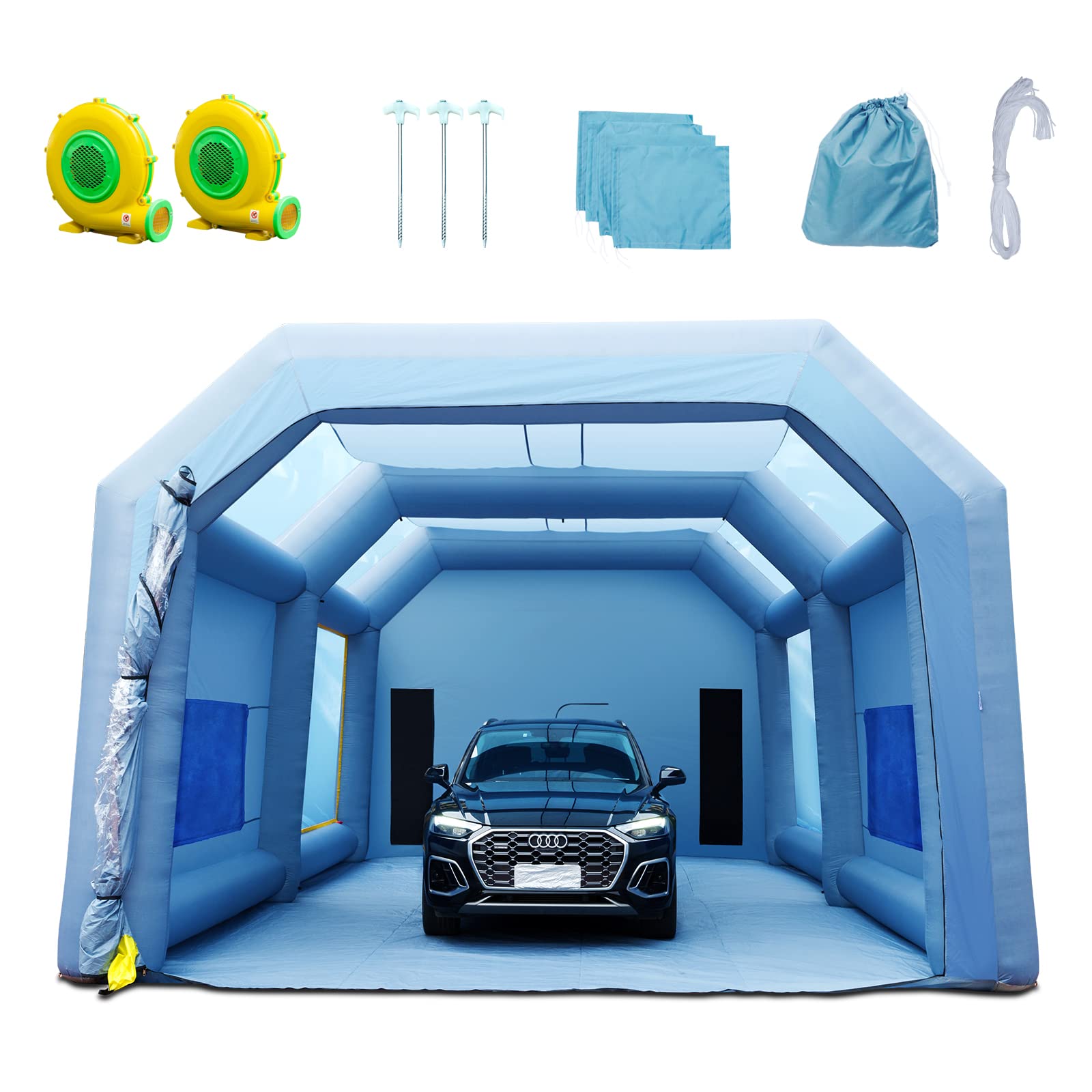 Photo 1 of **3 BOXES. DIRT**VEVOR Inflatable Booth for Cars Trucks Large Spray Tent with High Powerful 950W+1100W Two Blowers, 33x20x13ft Painting Shelter with Air Filter System, Blue