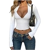 SOLY HUX Women's Deep V Neck Long Sleeve Cropped T Shirts Slim Fit Going Out Crop Tops