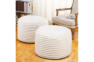 Teenyyou 2 Pcs 26 x 18 Inch Unstuffed Pouf Cover Ottoman Foot Rest - No Filler, Faux Rabbit Fur Foot Stool Floor Bean Bag Floor Chair Storage for Living Room Bedroom Home Decor(Beige)
