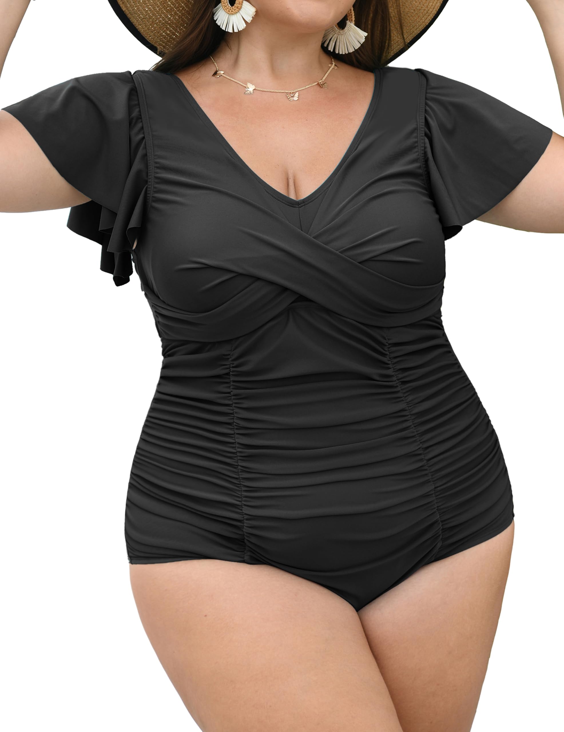 Photo 1 of Curvtide Women Plus Size Swim Romper Swimsuits One Piece Swim Suit Modest Tummy Control Ruffle Sleeves Bathing Suits (Black,1XL) 14-16
