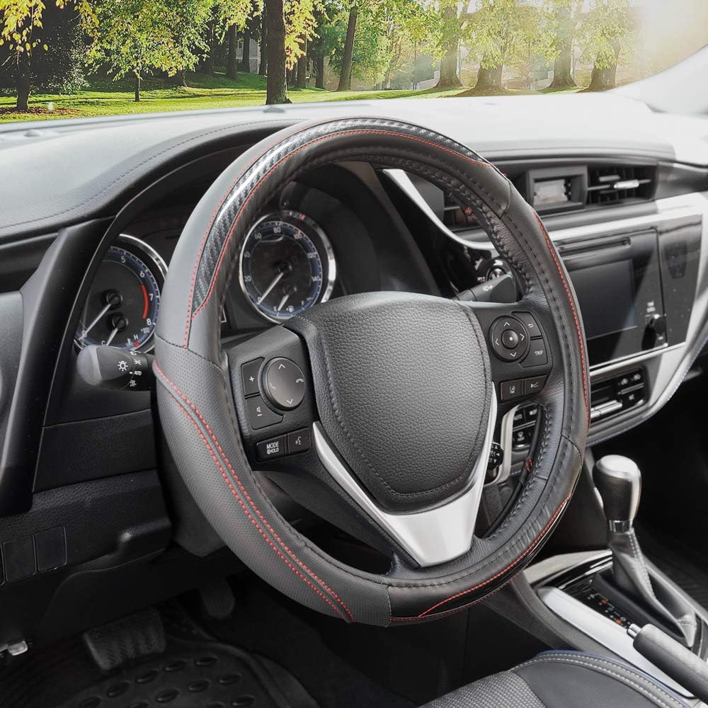 UltraSport Steering Wheel Cover - Perforated Microfiber Leather with Carbon Fiber Detail & Contrast Stitching (Black w/Red Stitching)