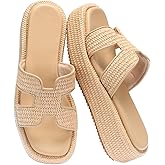Monrovia Raffia Platform Sandals for Women Slip-On Espadrille Wedges Slides, Flatform Woven Straw Summer Vacation Beach Shoes