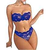 WDIRARA Women's 2 Piece Exotic Lingerie Set Floral Lace Mesh Sheer Strapless Bra and Panty Set